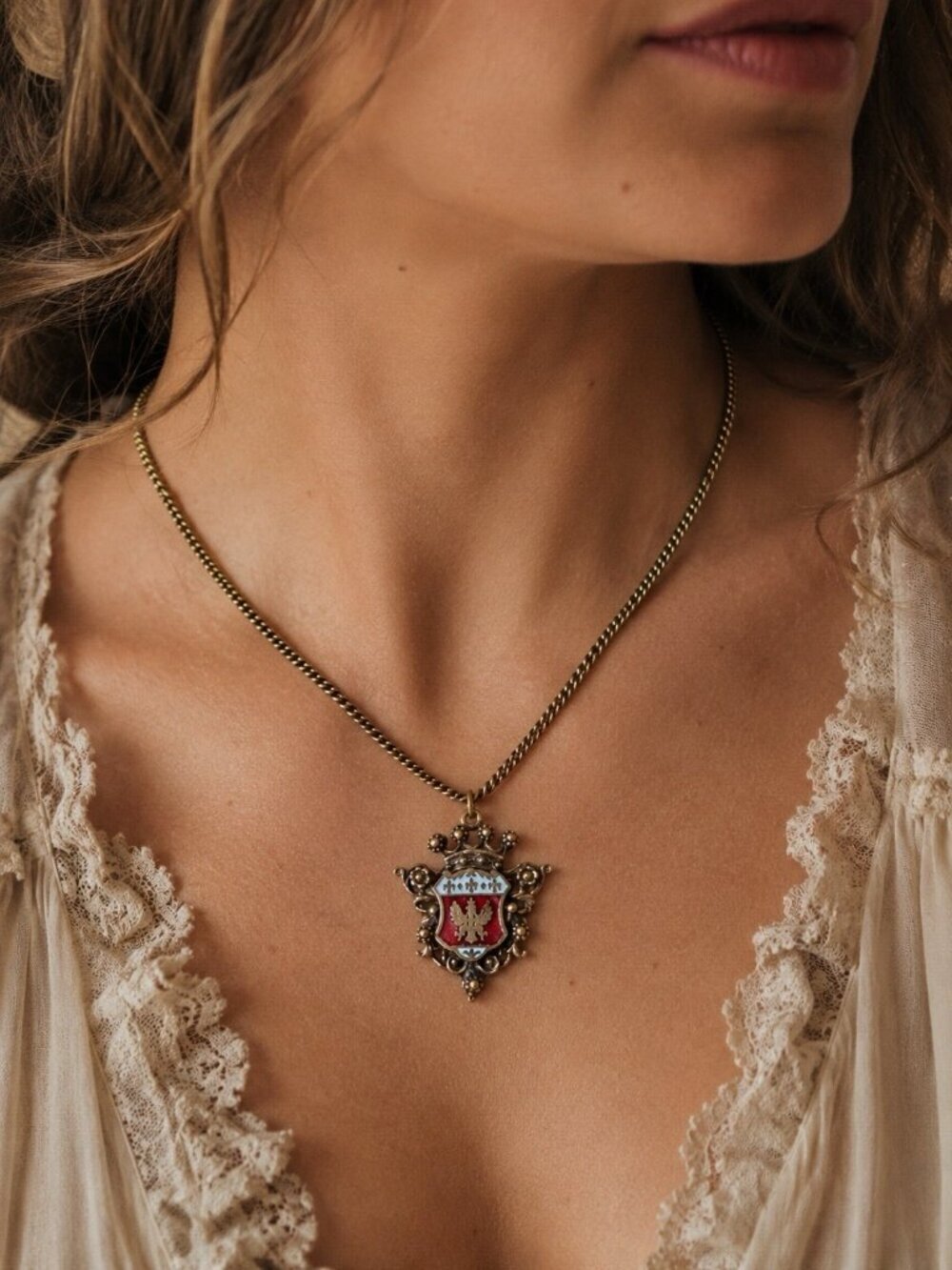 Vintage 1960s Heraldic Medallion Pendant Necklace Enamel Gold Tone Shield Crown